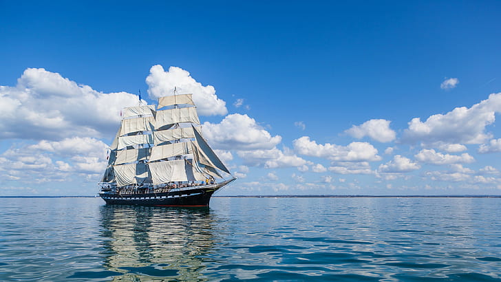sea, sail backgrounds, ship, clouds, download 3840x2160 sea, HD wallpaper
