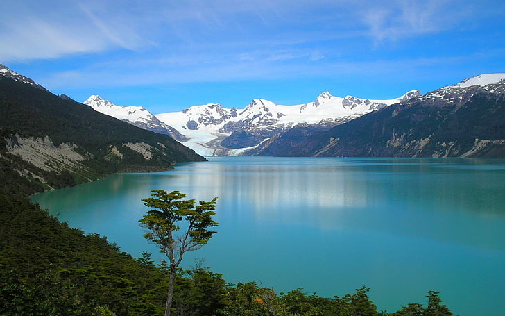 สระว่ายน้ำเหนือพื้นสีขาวและสีน้ำเงิน, ธรรมชาติ, ภูมิทัศน์, ภูเขา, ป่า, ชิลี, ยอดเขาที่เต็มไปด้วยหิมะ, ทะเลสาบ, ต้นไม้, สีเขียวขุ่น, น้ำ, แอนดีส, วอลล์เปเปอร์ HD