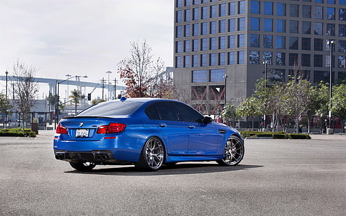 BMW M5 F10 синий автомобиль вид сзади, бмв, синий, авто, задок, вид, HD обои HD wallpaper