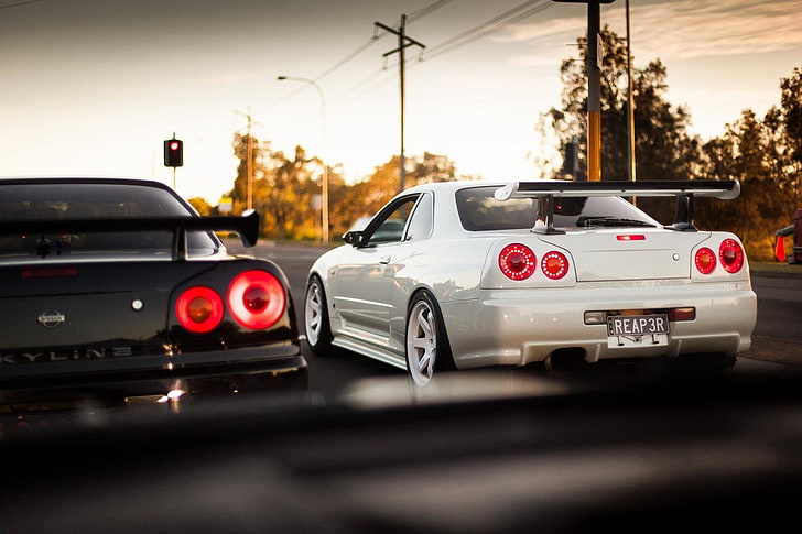 white coupe, Nissan, GT-R, Racing, Skyline, 2002, R34, JDM, BNR34, Р34, People, V-spec, Rays, TE37, Only, HD wallpaper