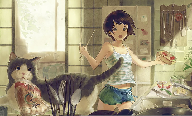 аниме девушки, аниме, кот, оригинальные персонажи, произведение искусства, HD обои