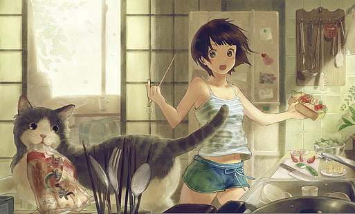аниме девушки, аниме, кот, оригинальные персонажи, произведение искусства, HD обои HD wallpaper