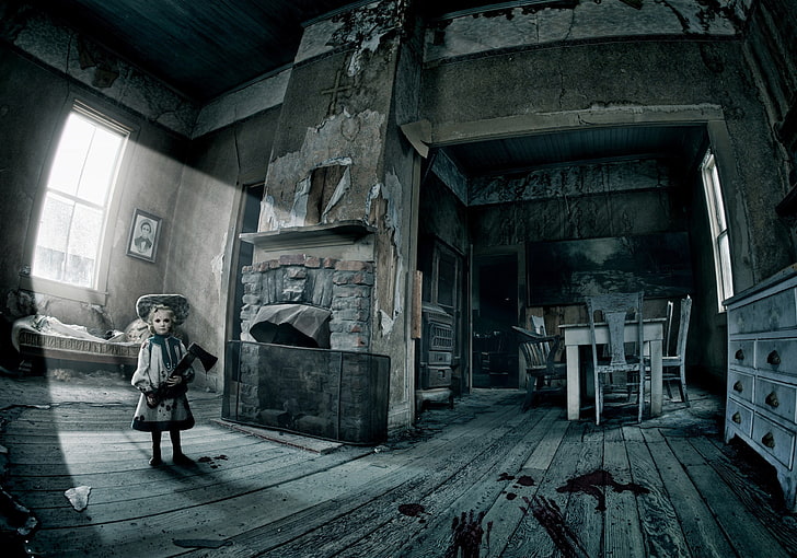 girl holding axe digital wallpaper, doll, interior, spooky, HD wallpaper