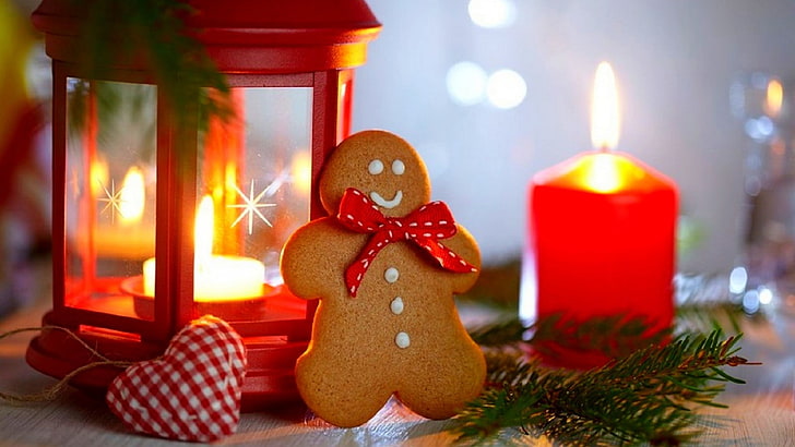 진저 브레드 남자 쿠키, 새해, 크리스마스, 진저 브레드, 양초, 심장, 랜턴, HD 배경 화면