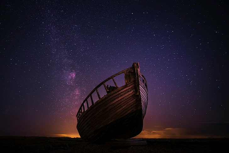 malam, langit malam, perahu, Wallpaper HD