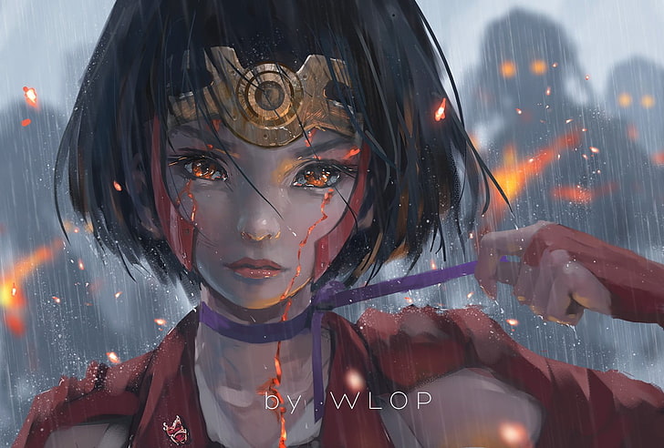 warrior illustration, anime, anime girls, Kabaneri of the Iron Fortress, Mumei, short hair, rain, WLOP, HD wallpaper