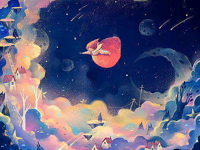 Sogno, fantasia, luna, sole, stelle volanti, att, cielo, gitl, Sfondo HD HD wallpaper