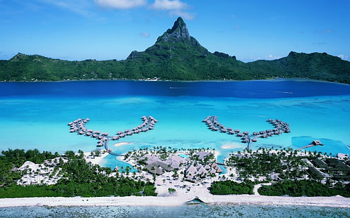 Four Seasons Bora Bora Resort, oceano pacifico, bungalow bora bora, isola di bora bora, viaggi, vacanze, Sfondo HD HD wallpaper
