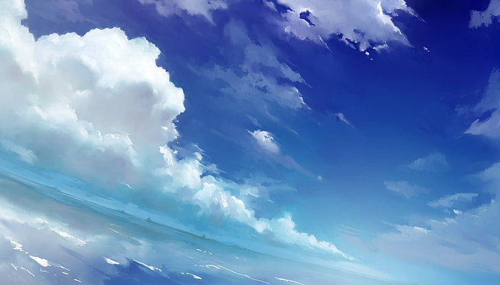 white and blue abstract painting, sky, clouds, sea, HD wallpaper