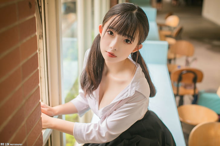 Ning Shioulin, Asian, women, model, brunette, pigtails, long hair, looking at viewer, portrait, depth of field, shirt, cleavage, skirt, black skirts, indoors, women indoors, red lipstick, HD wallpaper