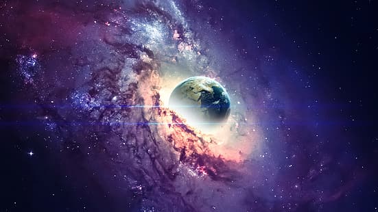 космос, Земля, произведение искусства, звезды, сверхмассивная черная дыра, планета, галактика, HD обои HD wallpaper