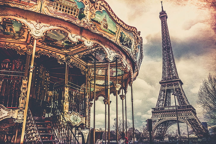 Torre Eiffel, Paris, Torre Eiffel, carrossel, HD papel de parede