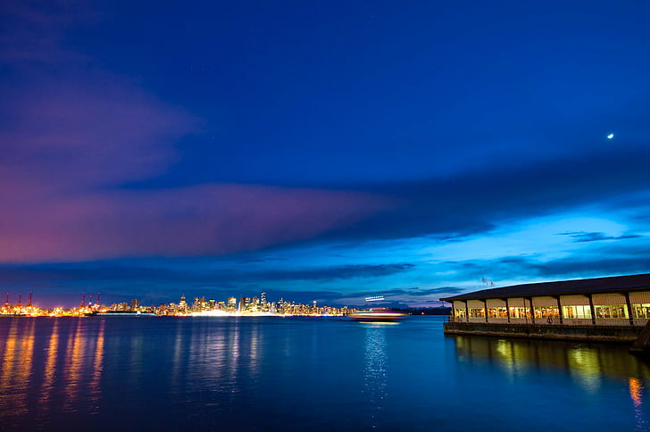 photo of lighted buildings near body of water during night, blue sea, blue sea, buildings, body of water, blue hour, cityscape, long exposure, lonsdale quay, night photography, seabus, terminal, vancouver, night, architecture, harbor, dusk, sea, water, reflection, sunset, HD wallpaper