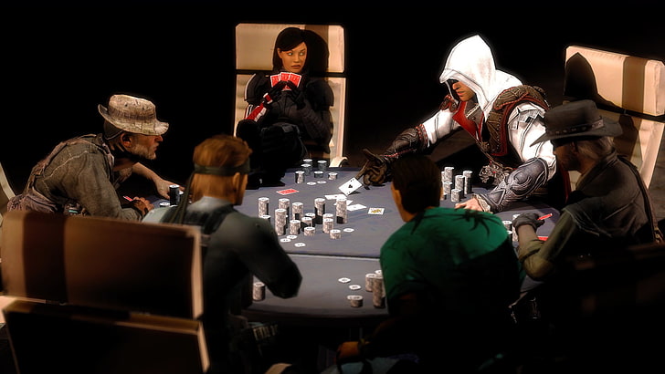 five men and woman playing poker wallpaper, Assassin's Creed, poker, Metal Gear Solid, Mass Effect, video games, render, digital art, Red Dead Redemption, Metal Gear Solid 2, Call of Duty, Grand Theft Auto, Grand Theft Auto Vice City, Assassin's Creed 2, HD wallpaper