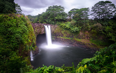 Hawai, cascada, bosque, cueva, mini lago, naturaleza, Fondo de pantalla HD HD wallpaper