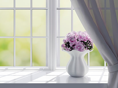 Vas bunga, mawar merah muda, 4K, Wallpaper HD HD wallpaper
