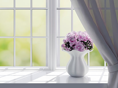 бяла керамична ваза за цветя с розови рози до стъклен прозорец, Розови рози, Ваза за цветя, 4K, HD тапет HD wallpaper