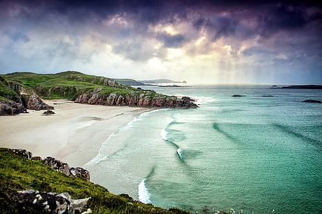 Escocia, Gran Bretaña, orilla del mar, Alba, Gran Bretaña, Escocia, paisaje, naturaleza, costa, playa, roca, arena, mar, nubes, Fondo de pantalla HD HD wallpaper