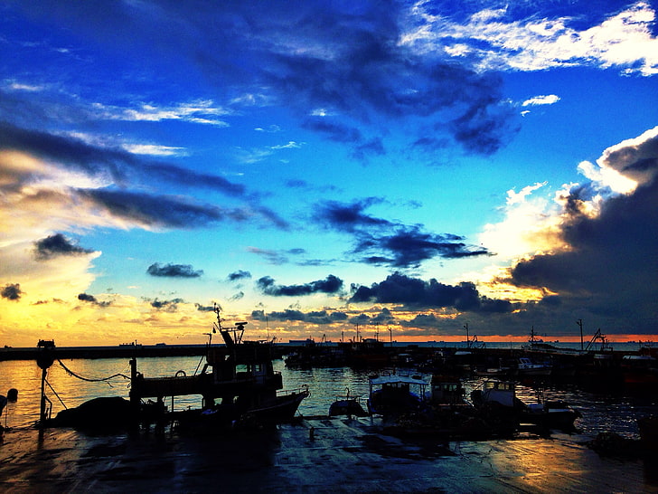 niebo, port, łódź, światło słoneczne, chmury, Tapety HD