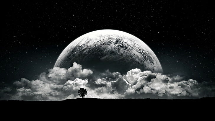 planet, Bulan, awan, bintang, malam, hitam, putih, ruang, satu warna, gelap, surealis, seni fantasi, seni digital, seni ruang angkasa, pohon, lanskap, Wallpaper HD