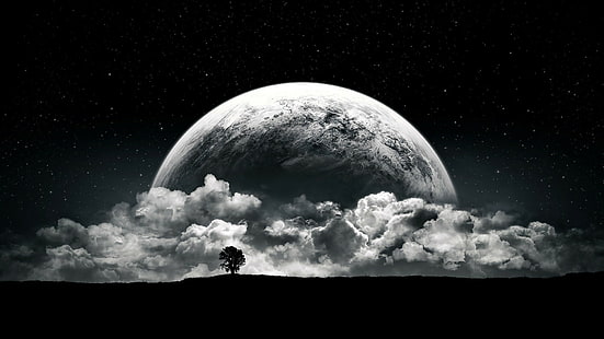 planeta, Luna, nubes, estrellas, noche, negro, blanco, espacio, monocromo, oscuro, surrealista, arte de fantasía, arte digital, arte espacial, árboles, paisaje, Fondo de pantalla HD HD wallpaper