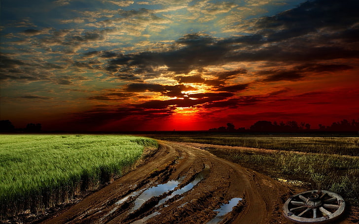 painting of farm, sunset, HD wallpaper
