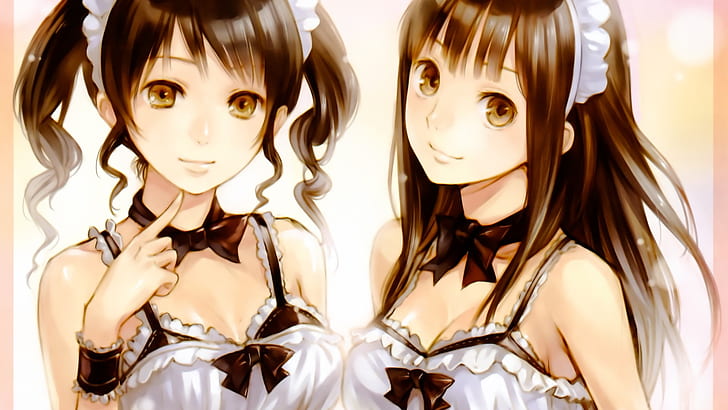 brunettes maids long hair ribbons brown eyes twintails smiling maid costumes anime girls 1920x108 People Eyes HD Art , brunettes, maids, HD wallpaper