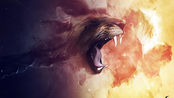 lion, lion roar, roar, abstract, orange, teeth, smoke, art, HD wallpaper