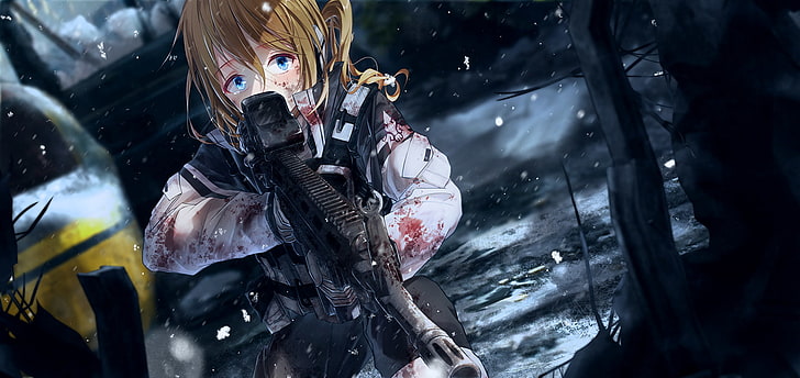 anime girl, military, scared expression, battlefield, gun, Anime, HD wallpaper