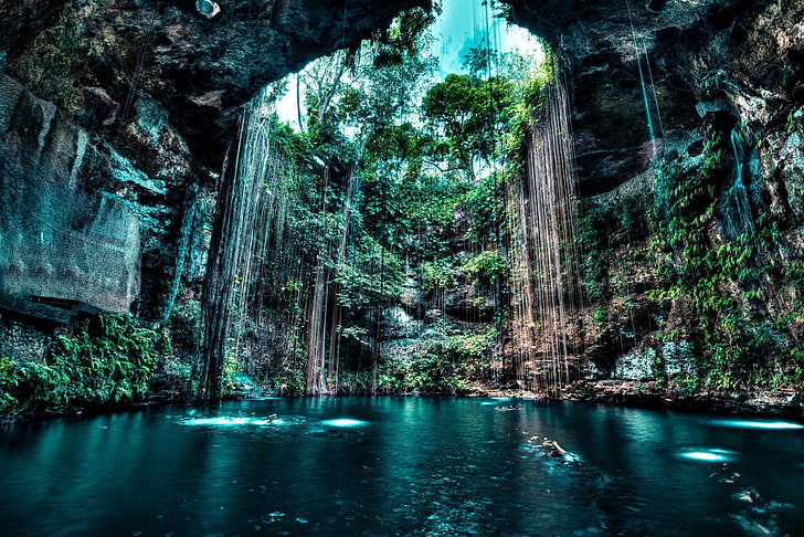 doğa manzara cenotes mağara göl rock su ağaçlar, HD masaüstü duvar kağıdı