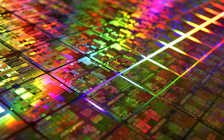 DIE, microchip, geometry, technology, CPU, PCB, IT, gold, colorful, photography, HD wallpaper