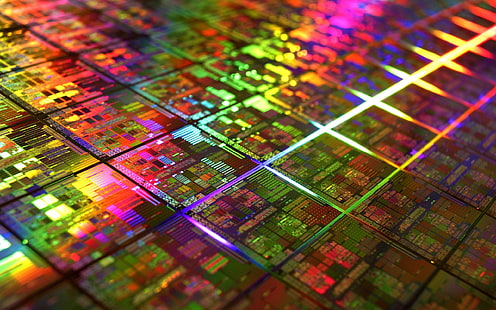 DIE, microchip, geometry, technology, CPU, PCB, IT, gold, colorful, photography, HD wallpaper HD wallpaper