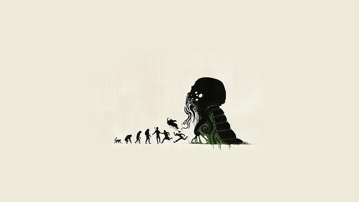 evolution of man illustration, evolution, Cthulhu, artwork, minimalism, horror, H. P. Lovecraft, white background, simple background, HD wallpaper