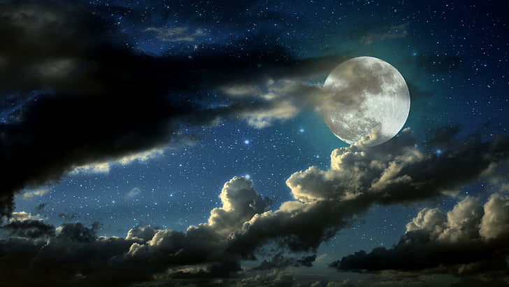 shadow, moon, night, stars, clouds, sky, nature, HD wallpaper