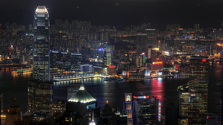 Hong Kong Skyline at Night HD, china, delta, hong kong, lights, night, pearl river, river, skyline, HD wallpaper