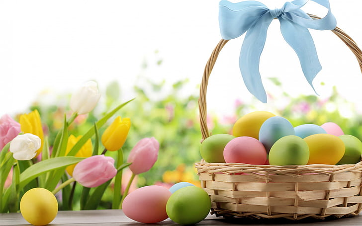 卵イースターと花、盛り合わせ卵ロット、イースター、卵、春、花、 HDデスクトップの壁紙
