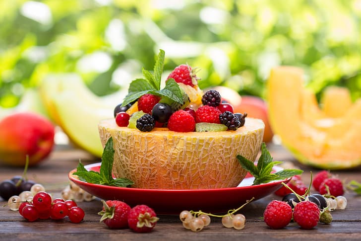 berries, raspberry, strawberry, fruit, currants, melon, salad, dessert, fruit salad, HD wallpaper