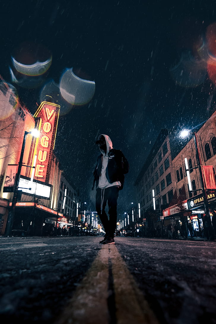 man, hood, night city, snowfall, street, HD wallpaper
