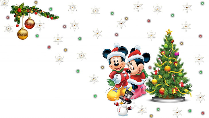 mickey mouse, mickey, snowflake, minnie, pretty lights, snowman, christmas tree, mickey mouse, mickey, snowflake, minnie, pretty lights, snowman, christmas tree, HD wallpaper