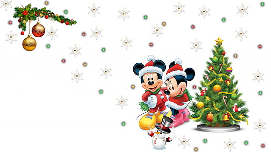 mickey mouse, mickey, snowflake, minnie, pretty lights, snowman, christmas tree, mickey mouse, mickey, snowflake, minnie, pretty lights, snowman, christmas tree, HD wallpaper HD wallpaper