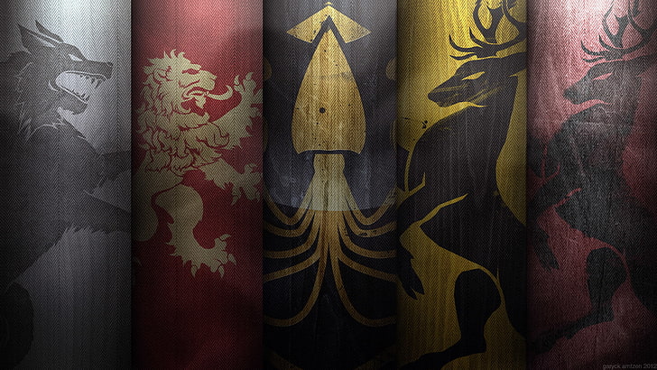 affiche de cinq couleurs assorties, loup, lion, cerf, pieuvre, armoiries, jeu de trônes, chanson de glace et de feu, la guerre des cinq rois, Fond d'écran HD