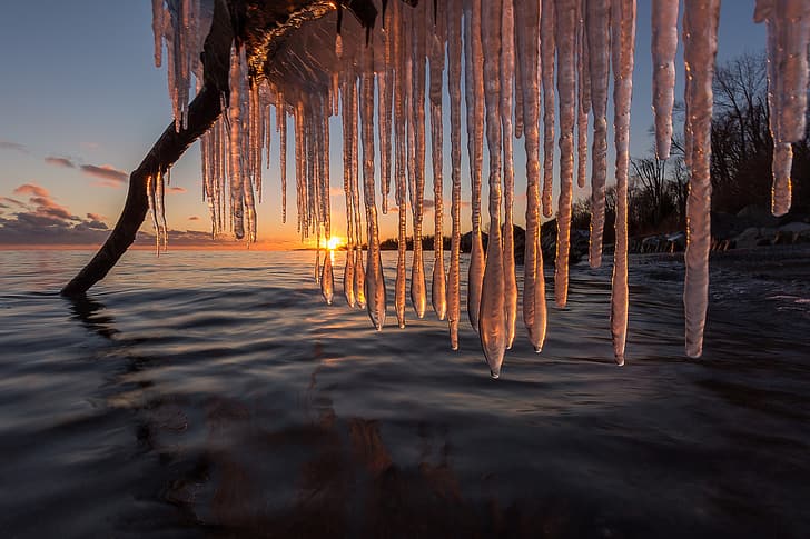 winter, sunset, lake, icicles, Canada, snag, Lake Ontario, HD wallpaper
