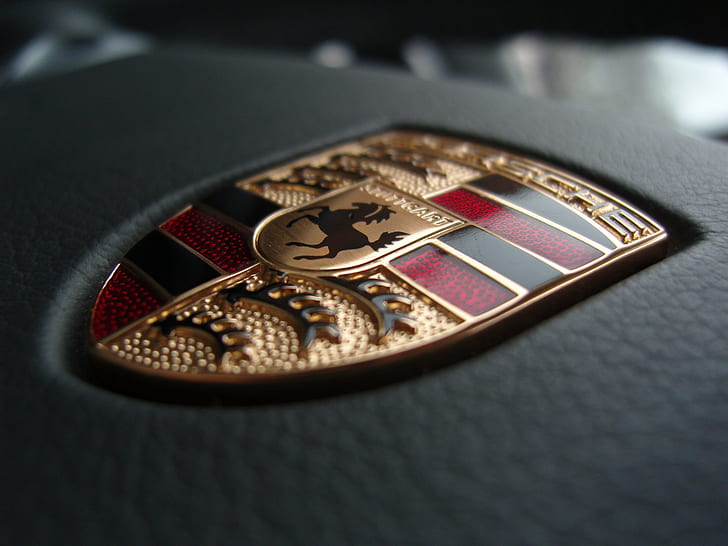 Fotografia makro godła Porsche, Porsche, emblemat, fotografia makro, logo, samochód, kierownica, makro, zbliżenie, Tapety HD