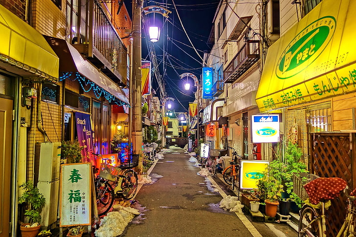 gelbes und braunes Schaufenster, Japan, Stadtbild, Gebäude, Asien, Tokyo, japanisch, HD-Hintergrundbild