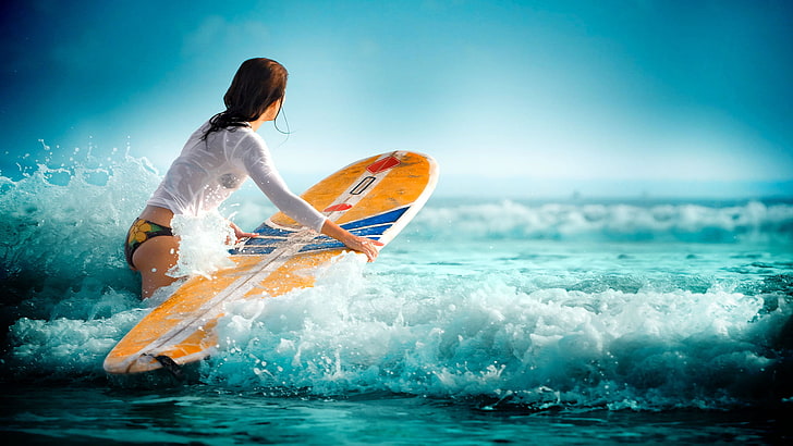 yellow and blue surfboard, sea, wave, water, girl, sport, Surfing, water sports, HD wallpaper