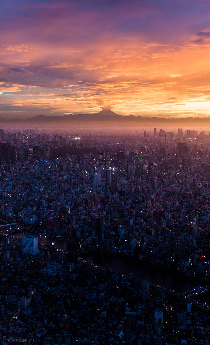 grya Baugrundstück, Sonnenuntergang, Fujisan, Stadtbild, Horizont, Vulkan, Wolken, Präfektur Tokio, HD-Hintergrundbild, Handy-Hintergrundbild