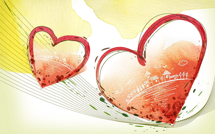 two hearts illustration, heart, couple, love, card, paint, HD wallpaper