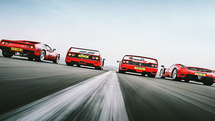 четыре красных спортивных автомобиля, Ferrari 288 GTO, Ferrari F40, Ferrari F50, Ferrari Enzo, итальянский, Ferrari, дорога, гонки, HD обои