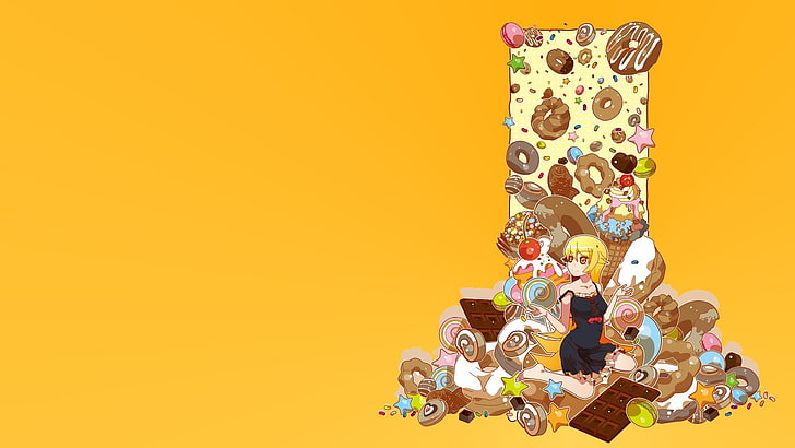 노란 머리 여성 애니메이션 캐릭터 일러스트, 모노 가타리 시리즈, 오시 노 시노부, 도넛, 과자, HD 배경 화면