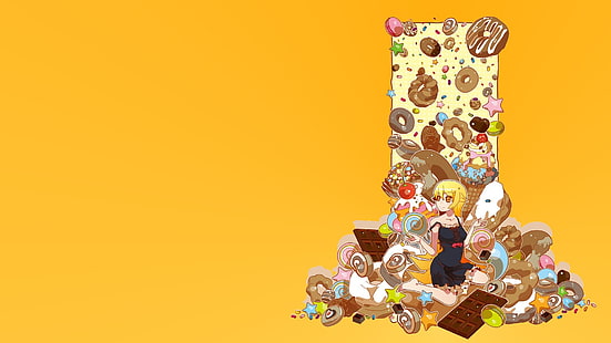 gelbe behaarte weibliche Anime-Charakterillustration, Monogatari-Reihe, Oshino Shinobu, Donut, Bonbons, HD-Hintergrundbild HD wallpaper